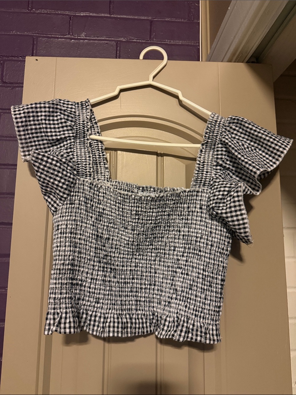 Sincerely Jules Black & White Gingham Smocked Flutter Crop Top
